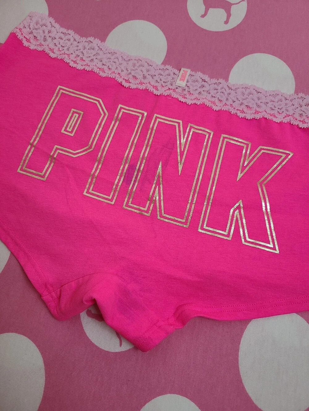 Retro VS PINK Lace Trim Cotton Logo Bum Boyshort Panty Size M Pink
